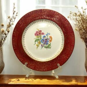 Vintage Homer Laughlin Dinner Plate Floral with Burgundy and Gold Trim Accents